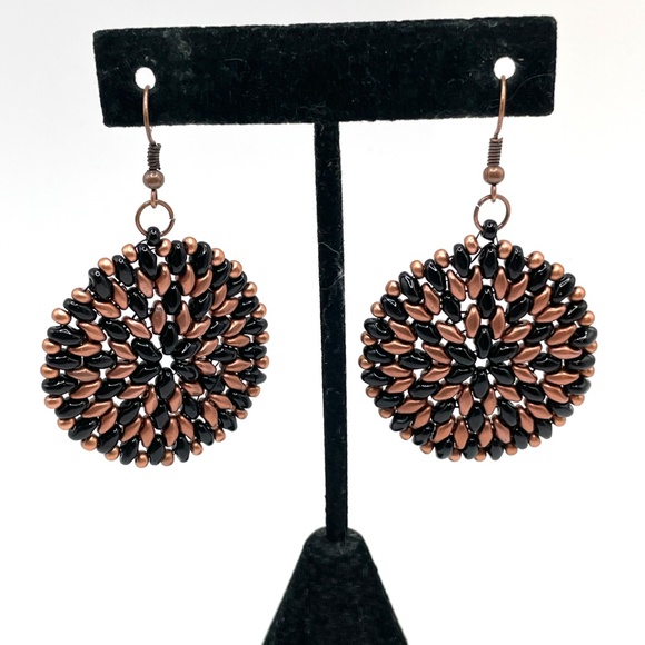 Czech Glass Hand Stitched Beaded Black & Copper Round Boho Pierced Earrings - Picture 1 of 9